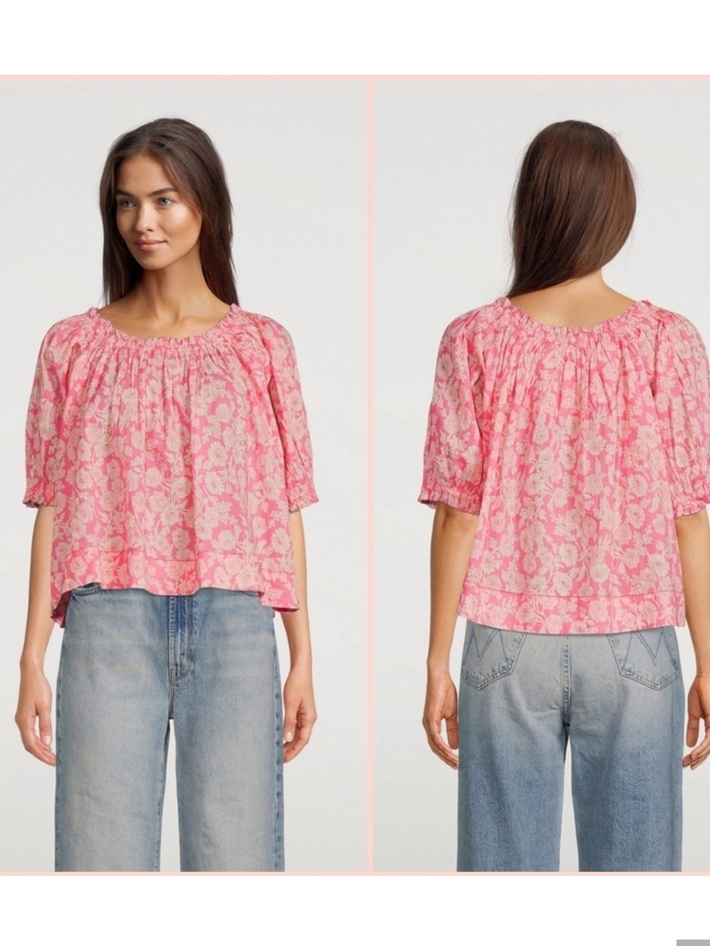 THE GREAT. The Garland Top Pink White Floral Cotton Puff Sleeve Blouse Size 0